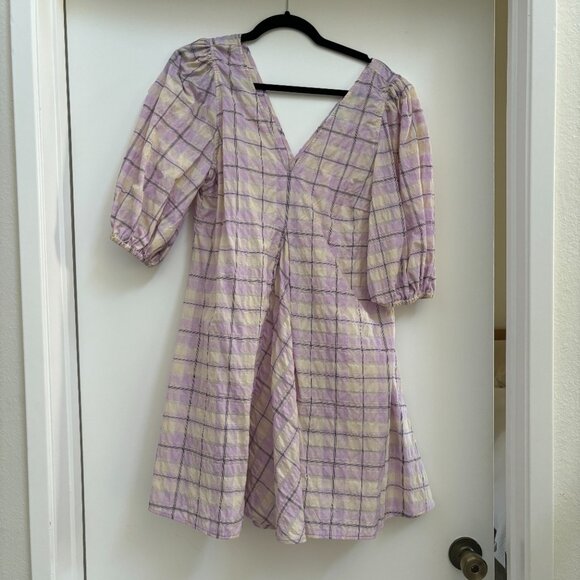 GANNI SEERSUCKER CHECK V NECK MINI DRESS - Picture 4 of 7